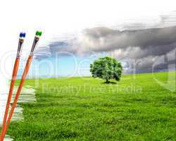 paintbrushes and landscape