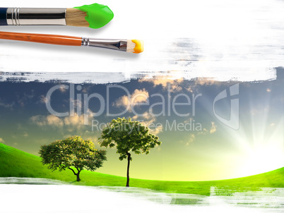 paintbrushes and landscape