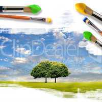 paintbrushes and landscape