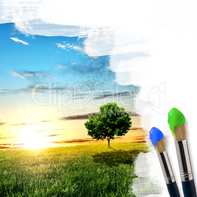 paintbrushes and landscape