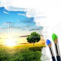 paintbrushes and landscape