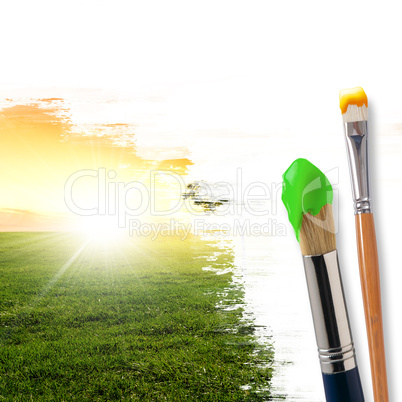 paintbrushes and landscape