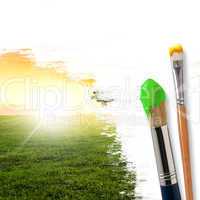 paintbrushes and landscape