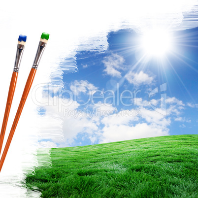 paintbrushes and landscape