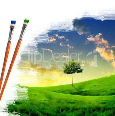 paintbrushes and landscape