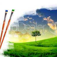 paintbrushes and landscape