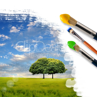 paintbrushes and landscape
