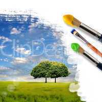 paintbrushes and landscape