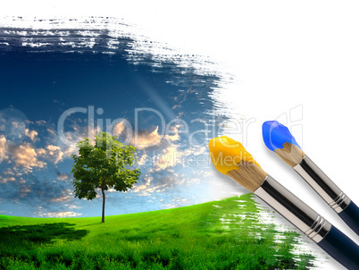 paintbrushes and landscape