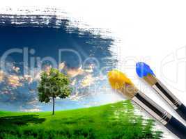 paintbrushes and landscape