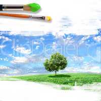 paintbrushes and landscape