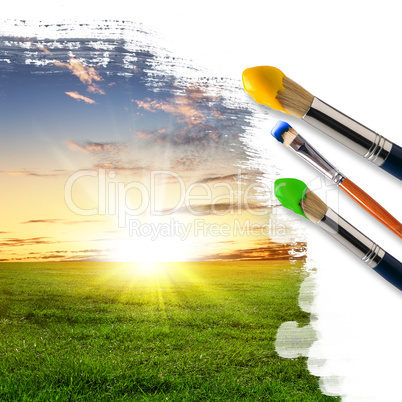 paintbrushes and landscape