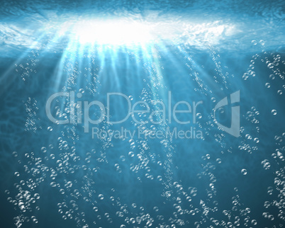 Blue sea underwater with air bubbles