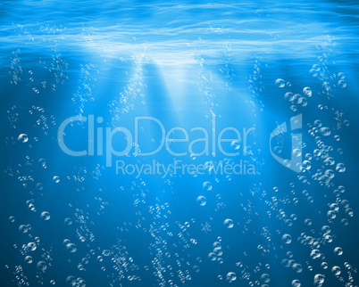 Blue sea underwater with air bubbles