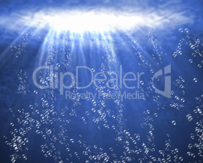 Blue sea underwater with air bubbles