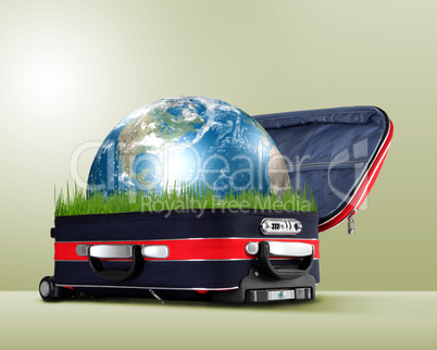 Red suitcase with planet inside