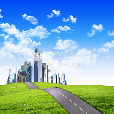 Modern city surrounded by nature landscape