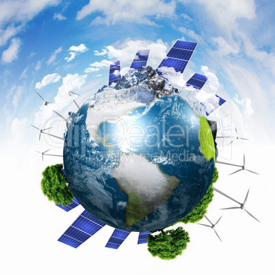 Planet earth with solar energy batteries