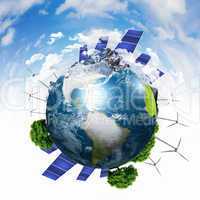 Planet earth with solar energy batteries