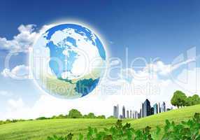 Green planet against blue sky and clean nature