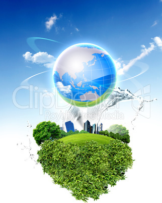 Green planet against blue sky and clean nature