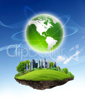 Green planet against blue sky and clean nature