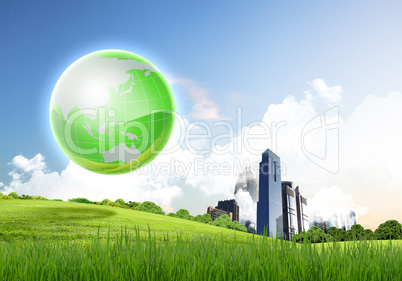 Green planet against blue sky and clean nature