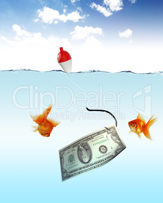 Swimming gold fish and money symbols