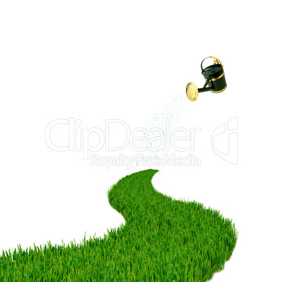 Green grass road and watering can