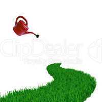 Green grass road and watering can