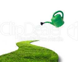 Green grass road and watering can