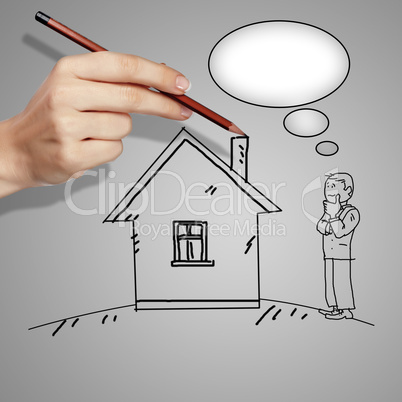 Man standing near a house and thinking