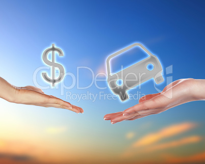 Human hands holding money against blue sky