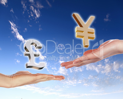 Human hands holding money against blue sky