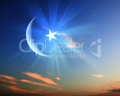 muslim star and moon on blue sky