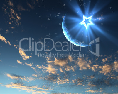 muslim star and moon on blue sky