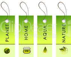 green labels with nature symbols