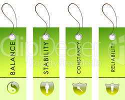 green labels with nature symbols