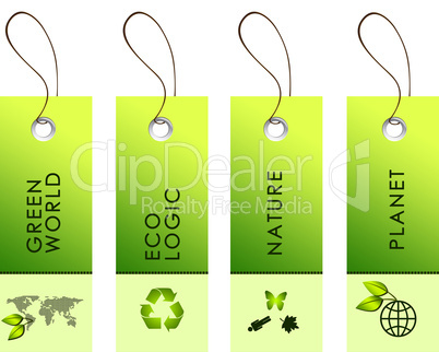green labels with nature symbols