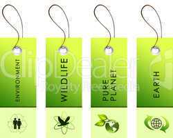 green labels with nature symbols