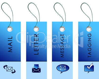 blue labels with communication symbols