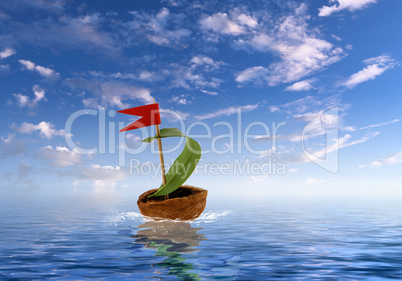 Nutshell ship with green leaf sail