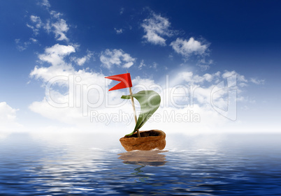 Nutshell ship with green leaf sail