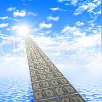 road from banknotes disappearing into a bright blue sky.