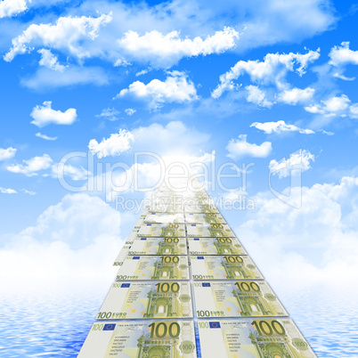 road from banknotes disappearing into a bright blue sky.