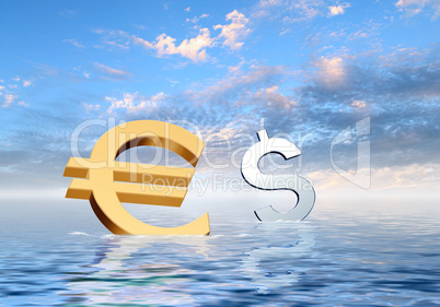 Currency symbols floating in blue sea