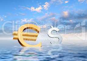 Currency symbols floating in blue sea