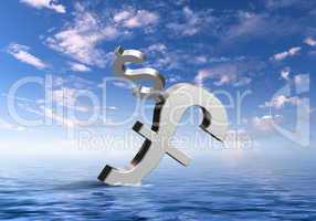 Currency symbols floating in blue sea