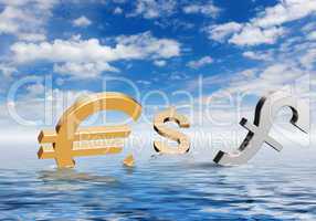 Currency symbols floating in blue sea