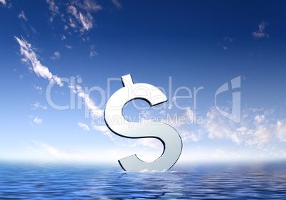Currency symbols floating in blue sea